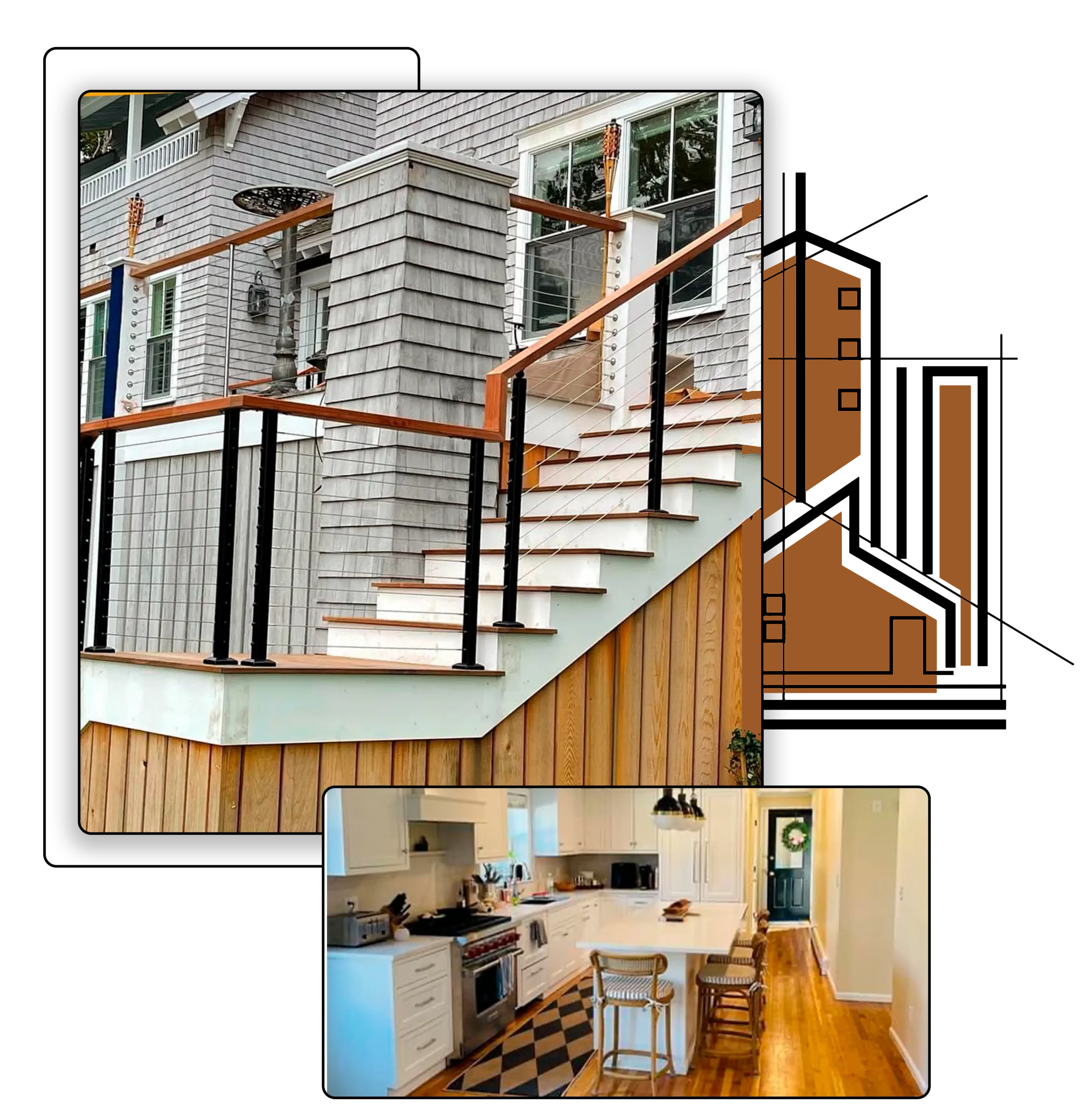 Collage of an exterior staircase with cable railing and a finished white kitchen by Innova Custom Builders