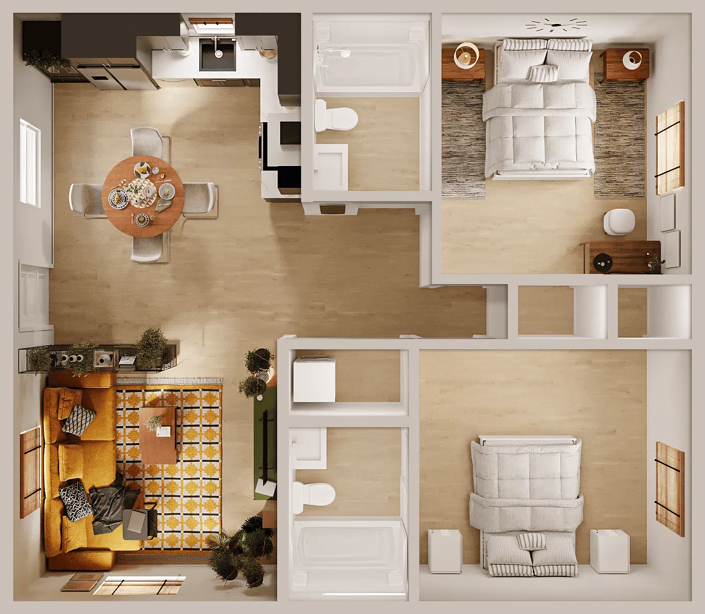 Illustrative two-bedroom ADU floor plan with kitchen and living area